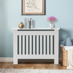 Cubierta Moderna para Radiador, Mueble Vertical de MDF con Listones Pintados de Blanco, Estante para Radiador para Sala de Estar o Dormitorio