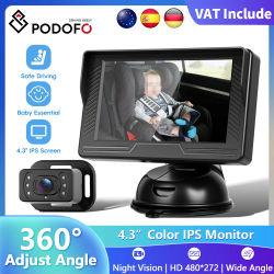 Podofo Monitor de visión trasera Pantalla IPS de 4,3 pulgadas Espejo para coche de bebé 360 ° Ángulo de visión amplio ajustable para bebés, niños, mascotas, visión nocturna
