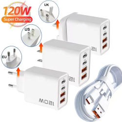 Total 120W 4 puertos USB cargador USB tipo C Cable de carga rápida cargador de teléfono dispositivo USB Universal adaptador de corriente cargador de pared QC3.0