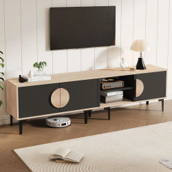 Elegante mueble para TV de madera negra de 180 x 35 x 49 cm, moderno mueble para TV para sala de estar con 2 armarios cerrados y compartimentos de almacenamiento abiertos, mueble para televisor