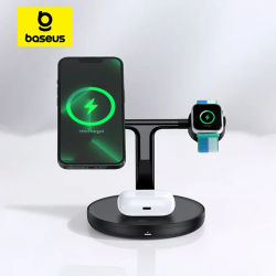 Baseus 3 en 1 20W soporte de cargador inalámbrico magnético para iPhone 16 15 14 Pro Airpods Apple Watch teléfono soporte de estación de carga rápida