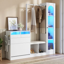 Mueble de pasillo 6 en 1, con espejo LED y giratorio, espacio de almacenamiento completo, para pasillo/dormitorio, aglomerado de madera - Blanco