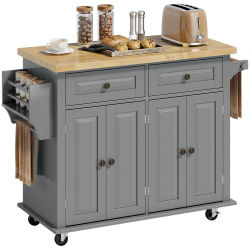 HOMCOM Isla de Cocina con Ruedas Mueble Auxiliar de Cocina con Especiero y Barra Lateral 111x44,5x82,5 cm Gris