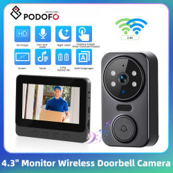 Podofo - Videoportero Inalámbrico con Pantalla IPS de 4.3 Pulgadas, Visión Nocturna, Intercomunicador, Monitor de Video, Intercomunicador Bidireccional, Cámara para Puerta