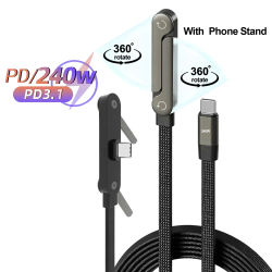 Cargador plegable 2 en 1 de 240W con cable de carga rápida y soporte para teléfono, cable de tipo C a tipo C para soporte de tableta/iPhone.