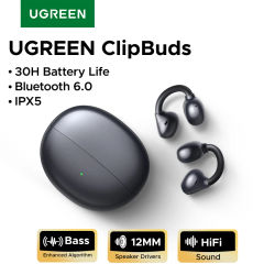 UGREEN ClipBuds Auriculares inalámbricos de oído abierto Bluetooth 6,0 con 4 micrófonos Llamada clara, Auriculares con clip Tiempo de reproducción 30 horas