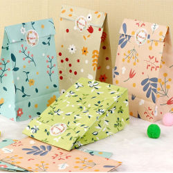 12/24 Uds. Bolsas de papel de regalo con patrón de plantas para dulces, galletas, panadería, bolsas de embalaje de papel Kraft con pegatinas