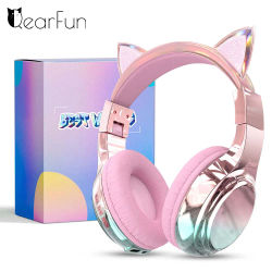 Auriculares inalámbricos con orejas de gato para niñas, auriculares Bluetooth con volumen seguro de 74/85/94dB, auriculares plegables para niños para viajes