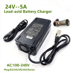 Cargador de batería de plomo-ácido de 24V 5A, cargador rápido de 24V5A para baterías de plomo-ácido de 24V con conector XLR de 3 pines, carga rápida de 28.8V/27.6V, ventilador de refrigeración