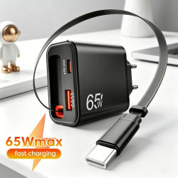 Cargador de Teléfono USB de 65W con Cable Retráctil de Carga Súper Rápida Tipo C para iPhone 17 16 POCO Xiaomi QC 3.0 USB PD Cargador de Pared
