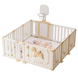Parque infantil para bebés Ubravoo con aro de baloncesto, parque infantil de seguridad para bebés Angel Horse con pizarra blanca y 30 postes de bolas de colores (12 paneles)