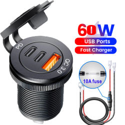 Súper cargador tipo C toma de carga rápida 12V/24V 60W USB Dual motocicleta toma de corriente carga