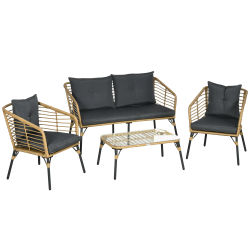 Outsunny Conjunto de Muebles de Ratán para 4 Personas Muebles de Jardín 4 Piezas con Sofá de 2 Plazos 2 Sillones Mesa de Centro y 4 Cojines para Terraza