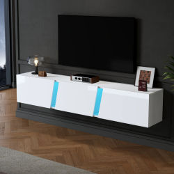 Mueble de TV de pared de 180x35x30 cm, blanco, de alto brillo, con luces LED y 3 puertas de cierre suave para televisores de 75 pulgadas