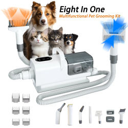Kit de aseo para mascotas 8 en 1, aspirador de pelo para gatos/perros con taza de 2,2 L, secador de pelo para mascotas, temperatura de velocidad ajustable, limpiador de pelo para mascotas de bajo