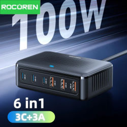Cargador USB Rocoren de 100W, Estación de Carga GaN de 6 Puertos, Cargador Rápido de Escritorio Tipo C, Estación de Energía Portátil para iPhone 17 y Xiaomi