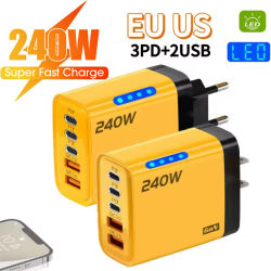 Cargador USB C PD de 5 puertos, adaptador de pared 3,0 de carga rápida de 240W para iPhone 17 16 15 Samsung Xiaomi Huawei Phone Tablet