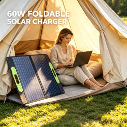 Panel Solar Plegable de 60W, 18V, Cargador Solar Portátil con USB-C, USB-A, DC, Carga Rápida, Compatible con Estaciones de Energía, Generadores, Teléfonos Móviles para Camping, RV