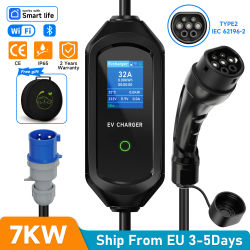 Cargador de Vehículos Eléctricos Portátil AFEEV de 7KW 32A Monofásico Tipo 2, Cargador de Coche Eléctrico EVSE con Cable de Carga Rápida, Control por WiFi, APP y Bluetooth