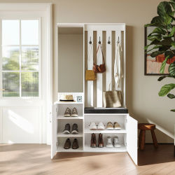Mueble de Entrada Multifuncional con Armario, Banco para Zapatos, Espejo y Ganchos, Armario de Almacenamiento de MDF y Aglomerado para Zapatos, Bolsos y Artículos Diarios para el Pasillo