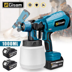 Gismis-pISTOLA DE PULVERIZACIÓN eléctrica para el hogar, pulverizador de pintura inalámbrico HVLP, aerógrafo con revestimiento de acero para muebles de coche, batería de 18V Pi, 1000ML