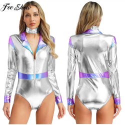 Disfraz de Robot astronauta espacial alienígena para mujer, traje metálico brillante de manga larga con gargantilla, ropa para discoteca para fiesta de Halloween