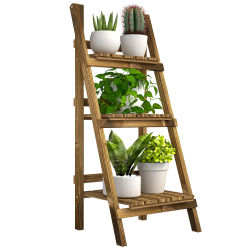 Outsunny Soporte para Plantas de Madera de 3 Niveles Estantería para Plantas Plegable Soporte para Macetas Natural