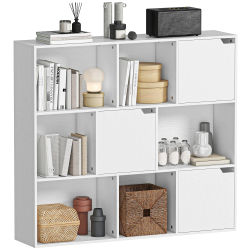 Estantería de almacenamiento HOMCOM con 9 cubos, 3 puertas y 6 compartimentos abiertos, estilo moderno, mueble de almacenamiento para salón, escritorio, dormitorio, 106x24x95 cm, Blanco