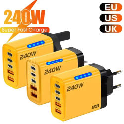 Cargador Rápido Gan de 240w con Luz LED 5 en 1, 2 USB + 3 Tipo-C, Cargador de Teléfono Multipuerto para iPhone 15-17 Series, Samsung, Huawei, Xiaomi 15