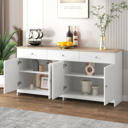 Rosahqnda Aparador de Cocina 160x37x75 cm, Mueble de Cocina con 3 Cajones, 4 Puertas y Estantes Ajustables, Tapa con Aspecto de Madera, Mueble de Almacenamiento para Comedor, MDF, Blanco