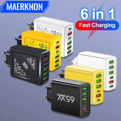 Cargador USB multipuerto 65W 6 en 1 adaptador de teléfono tipo C de carga rápida para iPhone Samsung Xiaomi Huawei cargador de pared con enchufe UE/EE. UU.