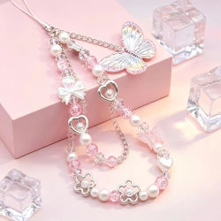 Cadena para Teléfono con Cuentas de Mariposa Rosa de Ensueño, Correa para Teléfono con Perlas y Flores Estilo Niña, Accesorios Colgantes para Funda de Teléfono
