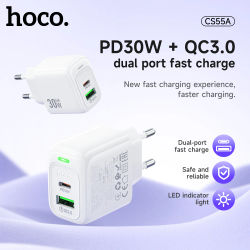 HOCO-cargador de teléfono de carga rápida PD30W, doble puerto, enchufe europeo para iPhone 17 16 15 QC3.0 PD, adaptador de viaje de pared para Samsung S21 S22