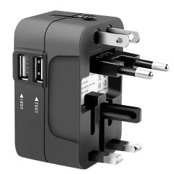 Adaptador de viaje de 1 pieza con 2 puertos de carga USB, cargador USB dual, adaptador de viaje universal todo en uno, cargador de pared