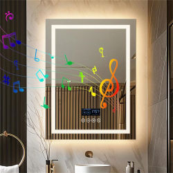 Espejo de baño LED inteligente, espejo rectangular de montaje en pared con Altavoz Bluetooth, tiempo, temperatura, memoria de luz, frontal y retroiluminado, antiniebla