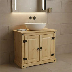Mueble de Baño con Lavabo — Madera Natural Sólida — Amplio Espacio de Almacenamiento — Tiradores Metálicos — Diseño Rústico-Elegante