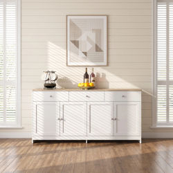 Aparador Anajqaqia de 160x37x75cm, Mueble Buffet con 3 Cajones y 4 Puertas, Encimera con Efecto Madera, Aparador Blanco para Comedor y Sala de Estar