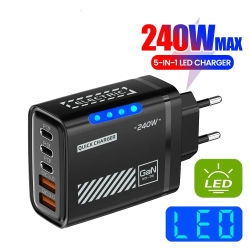 Cargador Rápido USB Tipo C PD de 5 Puertos, Adaptador de Carga Rápida QC 3.0 para iPhone 16 17 Pro Max Samsung Xiaomi Huawei, Cargador de Teléfono USB