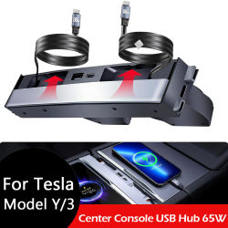 Hub USB de 65W para Tesla Model Y Juniper 2026, Cargador Rápido para Model 3 Highland, Hub de Carga con 4 Puertos, Cargador de Teléfono Retráctil