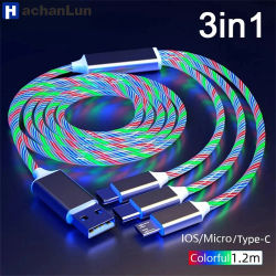 Luz LED brillante USB 3 en 1 cable cargador de carga rápida para teléfono Cable luminoso tipo C para accesorios de teléfono Xiaomi iPhone