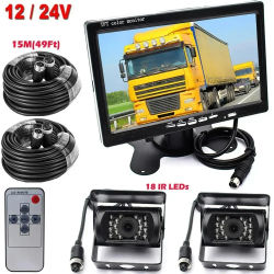 Monitor de 7 ", 12-24V, camión, caravana, autobús, RV, doble vista trasera, Kit de cámara de respaldo de estacionamiento, cable de 15M y 4 pines