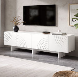 Mueble de TV Moderno Blanco con 4 Puertas y Patrón de Arco Geométrico, Construcción en MDF y PB, 170x35x50 cm