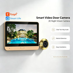 Cámara digital para puerta Smart Life Gold Color con pantalla de 4.3 pulgadas 2K, Wifi 2.4G, altavoz bidireccional, visión nocturna, mirilla digital con batería de 5000 mAh