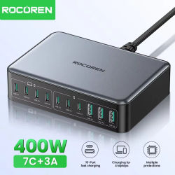 Cargador Rápido Rocoren de 400W USB Tipo C, Estación de Carga Portátil de 200W, Cargador Tipo-C Gan para iPhone 16 17 Pro Max MacBook Air