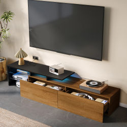 Okwish TV-Low Mueble para TV con espacio de almacenamiento y estantes de vidrio, mueble auxiliar con aspecto de madera y LED, negro + natural