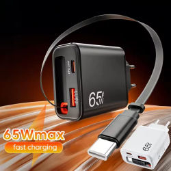 Cargador de Pared USB de 65W con QC 3.0 y PD, Cable Retráctil de Carga Súper Rápida Tipo C para iPhone 17, 16, POCO, Xiaomi
