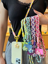 Cordón para Teléfono con Diseño de Flor de Cinco Pétalos, Estilo Dopamina, Cordón Corto para Teléfono, Cadena Antipérdida Tejida a Mano, Colgante para Teléfono