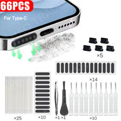 Juego de limpieza de puerto de carga para altavoz de teléfono móvil, tapón antipolvo para iPhone 16, 15, 14, Kit de limpieza de auriculares, cepillo para Samsung y Xiaomi, 66 Uds.