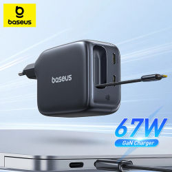 Cargador Baseus 67W GaN con Cable Retráctil, Cargador Rápido para iPhone, Xiaomi, Samsung, Cargador de Viaje, Cargador Universal para Teléfono