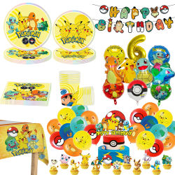Suministros de decoración para fiesta de cumpleaños con temática de Pokémon, globos de Pikachu, vajilla, vasos, platos, fiesta de cumpleaños de Pokémon para baby shower